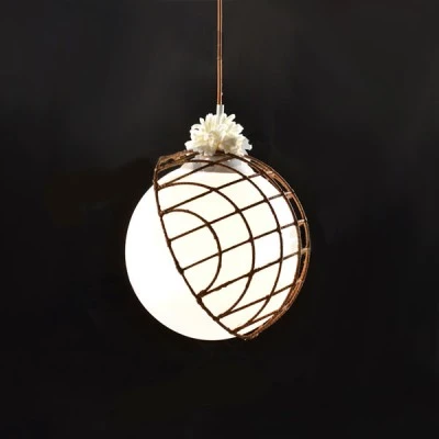 Κρεμαστό διακοσμητικό φωτιστικό 1ΧΕ27 D33xh120cm Rattan γυάλινο σε λευκό χρώμα