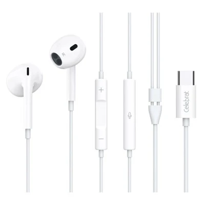 Earphones με μικρόφωνο  CELEBRAT με USB-C σύνδεση Φ14mm & μήκος καλωδίου 1.2m σε λευκό χρώμα 