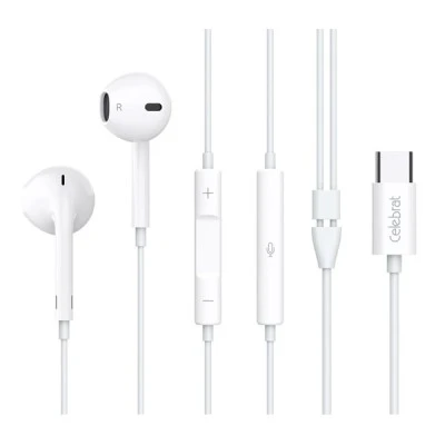 Earphones CELEBRAT με μικρόφωνο USB-C σύνδεση Φ14mm & μήκος καλωδίου 1.2m σε λευκό χρώμα