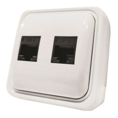 Πρίζα τηλεφώνου διπλή RJ11+RJ45 λευκή επίτοιχη σειρά ΑΘΗΝΑ ΙΡ20 διαστάσεις 6.5x4.5cm