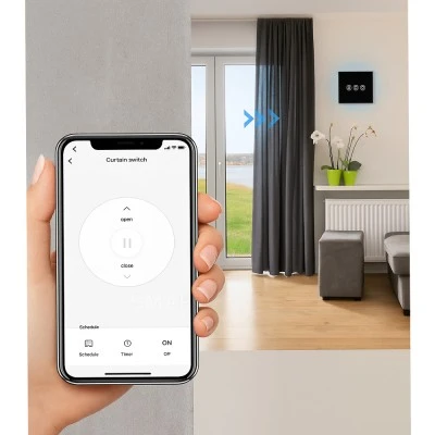 Smart Wi-Fi Γυάλινο πάνελ διακόπτη αφής ρολών σε μαύρο χρώμα για έλεγχο ρολών πόπρτας παραθύρου μέσω smartphone 85x85x10mm wifi & zigbee