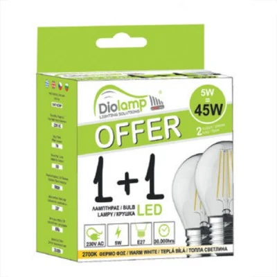 Λάμπα led filament σφαιρική Ε27 5W 230V 2700k θερμό λευκό φως 400Lm σε blister 2 τμχ Λάμπα led filament σφαιρική Ε27 5W 230V 2700k θερμό λευκό φως 400Lm σε blister 2 τμχ