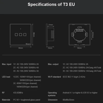 Τριπλός μαύρος διακόπτης SONOFF T3EU3C-TX-EU-R2 με Wi-Fi Smart Wall Touch Button Switch IP20