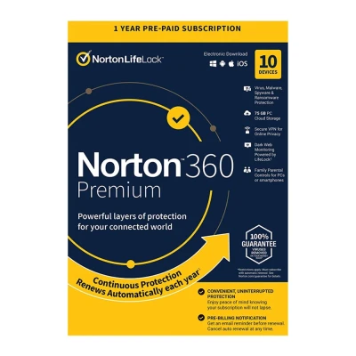 Norton Antivirus 360 Premium ESD, 10 συσκευές, 75GB cloud, 1 έτος