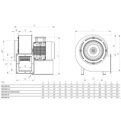 Βεντιλατέρ σαλίγκαρος OBR 200 T -4K τριφασικό 380V 190W 850m³/h  1465rpm Φ118mm AxB125x102mm