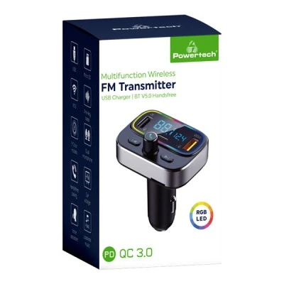 FM Transmitter POWERTECH PT-999 RGB QC3.0 Bluetooth με οθόνη & ενσωματωμένο μικρόφωνο για κλήσεις