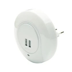Led λαμπάκι νυκτός 1W ενδιάμεσο φως 4000k 230V με 2 USB θύρες διακόπτη On/Off & Auto Mode IP20