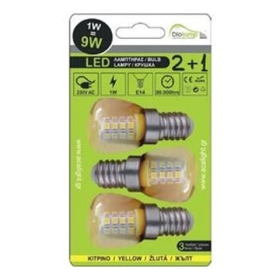 Λάμπα led Ε14 1W 230V AC 60Lm σε blister 3 τμχ, μπλε, πράσινο και μωβ χρώμα
