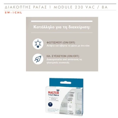 Διακόπτης ράγας 1 channel Wi-Fi για έλεγχο συσκευών & φωτισμού Smart Home Master SW-1CHL