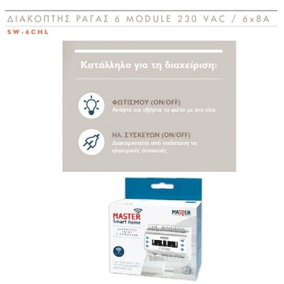 Διακόπτης ράγας 6 channels Wi-Fi για έλεγχο συσκευών & φωτισμού Smart Home Master SW-6CHL