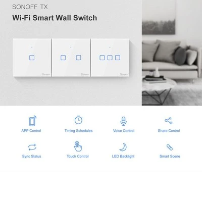 Smart διακόπτης SONOFF ΤΧ-T2EU3C αφής τριπλός λευκός για απομακρυσμένο έλεγχο μέσω smartphone