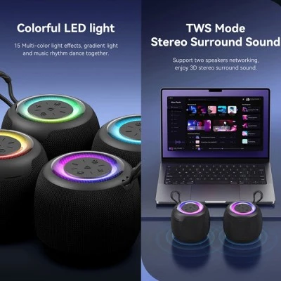 Φορητό ηχείο USAMS 10W Bluetooth με μπαταρία 1200mAh LED φωτισμό σε μαύρο χρώμα
