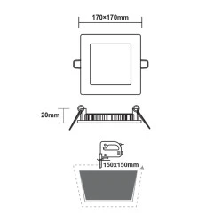 Φωτιστικό LED PANEL χωνευτό λευκό τετράγωνο 12W ενδιάμεσο χρώμα φωτός 4000K 1100lm με διάσταση 170x170mm