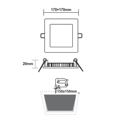 Φωτιστικό LED PANEL χωνευτό λευκό τετράγωνο 12W ενδιάμεσο χρώμα φωτός 4000K 1100lm με διάσταση 170x170mm