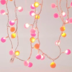 100 Led σε σειρά θερμό φως με λευκές-ροζ υφασμάτινες μπάλες με μετασχηματιστή και διάφανο καλώδιο