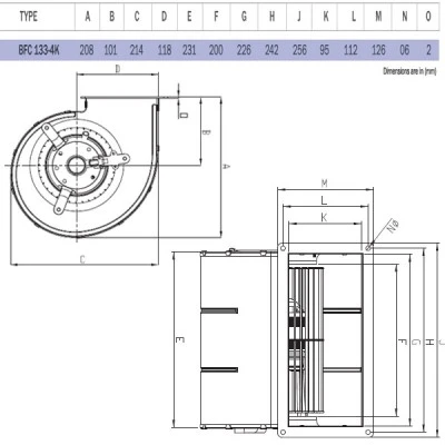 Βεντιλατέρ διπλής αναρρόφησης Bahcivan BFC133-4K 95W 1180rpm 750m³/h για Fan-Coil