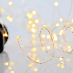 100 mini led λαμπάκια σε σειρά θερμό λευκό φως με 8 προγράμματα & μνήμη, μετασχηματιστή & ασημί χάλκινο καλώδιο IP44