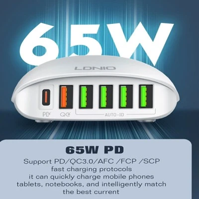 Σταθμός φόρτισης LDNIO A6573C 5x USB και 1x USB-C θύρες εξόδου που υποστηρίζουν φόρτιση με απόδοση έως 65W σε λευκό χρώμα