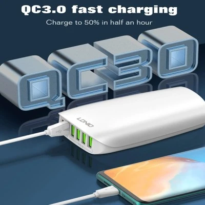 Σταθμός φόρτισης LDNIO A6573C 5x USB και 1x USB-C θύρες εξόδου που υποστηρίζουν φόρτιση με απόδοση έως 65W σε λευκό χρώμα