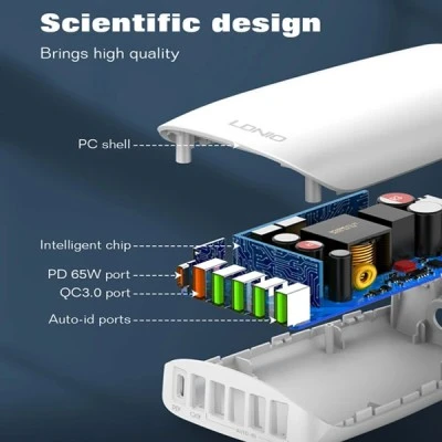 Σταθμός φόρτισης LDNIO A6573C 5x USB και 1x USB-C θύρες εξόδου που υποστηρίζουν φόρτιση με απόδοση έως 65W σε λευκό χρώμα