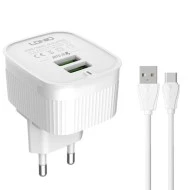 LDNIO φορτιστής τοίχου A201 με καλώδιο USB-C σε USB 2x θύρες εξόδου USB με μέγιστη απόδοση 12W σε λευκό χρώμα