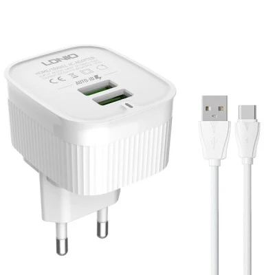 LDNIO φορτιστής τοίχου A201 με καλώδιο USB-C σε USB 2x θύρες εξόδου USB με μέγιστη απόδοση 12W σε λευκό χρώμα