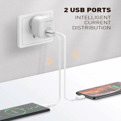 LDNIO φορτιστής τοίχου A201 με καλώδιο USB-C σε USB 2x θύρες εξόδου USB με μέγιστη απόδοση 12W σε λευκό χρώμα