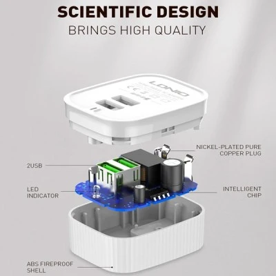 LDNIO φορτιστής τοίχου A201 με καλώδιο USB-C σε USB 2x θύρες εξόδου USB με μέγιστη απόδοση 12W σε λευκό χρώμα