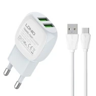 LDNIO φορτιστής τοίχου A2218 με καλώδιο φόρτισης USB-C σε USB & 2x θύρες εξόδου USB με μέγιστη απόδοση 12W