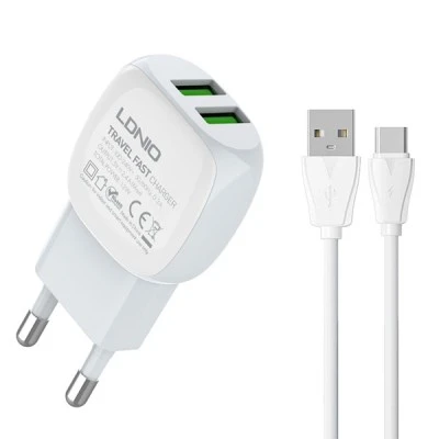 LDNIO φορτιστής τοίχου A2218 με καλώδιο φόρτισης USB-C σε USB & 2x θύρες εξόδου USB με μέγιστη απόδοση 12W