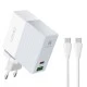 Φορτιστής τοίχου LDNIO A2620C με καλώδιο φόρτισης USB-C σε USB-C & 2x θύρες εξόδου USB & USB-C, μέγιστη απόδοση 65W