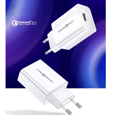 Φορτιστής τοίχου USAMS T22 1x USB, QC3.0 fast charging 18W 3A σε λευκό χρώμα Φορτιστής τοίχου USAMS T22 1x USB, QC3.0 fast charging 18W 3A σε λευκό χρώμα