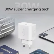 POWERTECH φορτιστής τοίχου 30W PT-1043 USB-C με υποστήριξη γρήγορης φόρτισης PD3, QC3.0 σε λευκό χρώμα