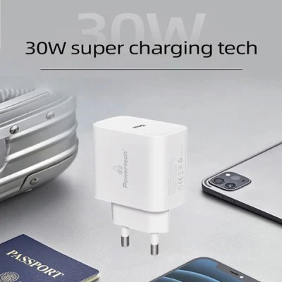 POWERTECH φορτιστής τοίχου 30W PT-1043 USB-C με υποστήριξη γρήγορης φόρτισης PD3, QC3.0 σε λευκό χρώμα