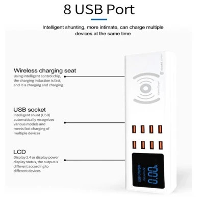 Σταθμός φόρτισης SUNSHINE SS-309WD με 8x θύρες USB για ταυτόχρονη φόρτιση έως 8 συσκευών & ασύρματη φόρτιση με απόδοση έως 10W
