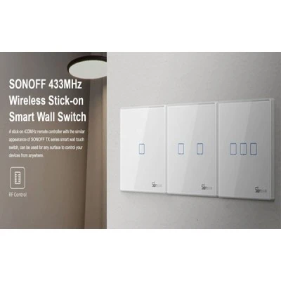 SONOFF smart διακόπτης αφής μονός T2EU1C-RF 433MHz σε λευκό χρώμα με επιφάνεια από tempered glass