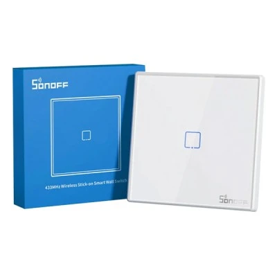 SONOFF smart διακόπτης αφής μονός T2EU1C-RF 433MHz σε λευκό χρώμα με επιφάνεια από tempered glass