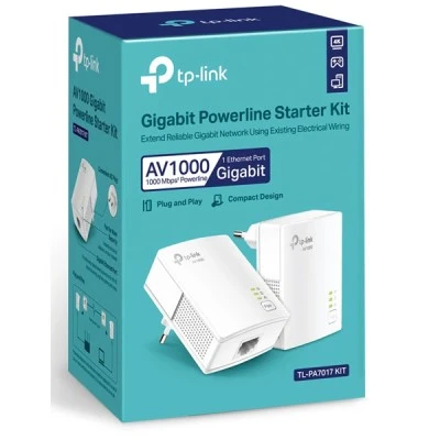 TP-LINK Powerline Starter Kit TL-PA7017, AV1000 Gigabit Ver. 4.0 Powerline διπλό για ενσύρματη σύνδεση με Passthrough πρίζα & θύρα Gigabit Ethernet