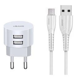 USAMS φορτιστής τοίχου T20 & καλώδιο Micro USB 1m με 2 USB θύρες εξόδου με μέγιστη απόδοση 2.1A σε λευκό χρώμα