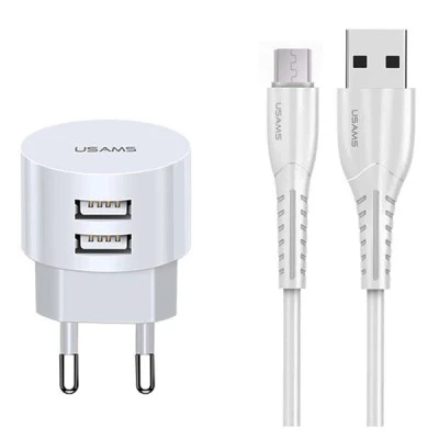 USAMS φορτιστής τοίχου T20 & καλώδιο Micro USB 1m με 2 USB θύρες εξόδου με μέγιστη απόδοση 2.1A σε λευκό χρώμα