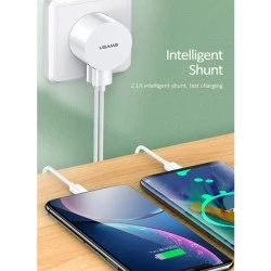 USAMS φορτιστής τοίχου T20 & καλώδιο Micro USB 1m με 2 USB θύρες εξόδου με μέγιστη απόδοση 2.1A σε λευκό χρώμα
