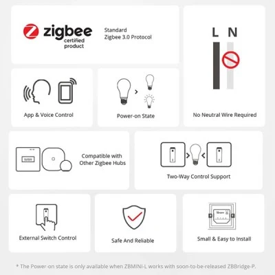 SONOFF αμφίδρομος smart διακόπτης ZBMINI-L, 1-gang, ZigBee 3.0 για μετατροπή συμβατικού διακόπτη σε smart