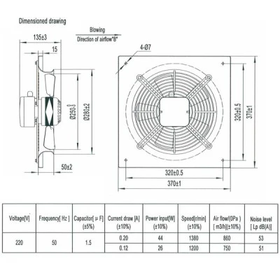 Βιομηχανικός εξαεριστήρας τοίχου A4S-250B 44W 1380rpm 680m³/h 53dB 2 ταχυτήτων