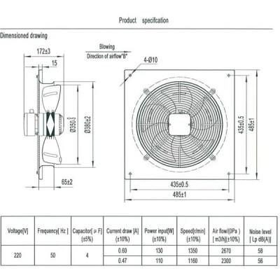 Βιομηχανικός εξαεριστήρας τοίχου A4S-350B 130W 1350rpm 2670m³/h 58dB 2 ταχυτήτων