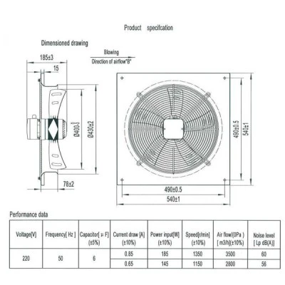 Βιομηχανικός εξαεριστήρας τοίχου A4S-400B 185W 1350rpm 3500m³/h 60dB 2 ταχυτήτων