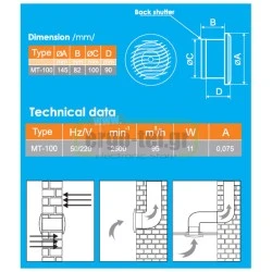 Εξαεριστήρας μπάνιου Φ100mm 11W στρογγυλός σειρά WE-100 με κυματοειδή σχάρα 220V 95 m³/h