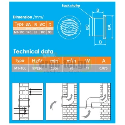 Εξαεριστήρας μπάνιου Φ100mm 11W στρογγυλός σειρά WE-100 με κυματοειδή σχάρα 220V 95 m³/h