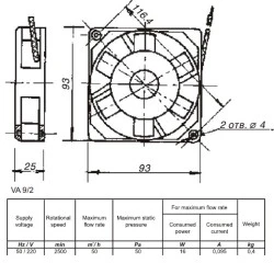 Αξονικός ανεμιστήρας αλουμινίου 93x93mm VA 9/2M 16W 60 m³/h 220V για υψηλές θερμοκρασίες