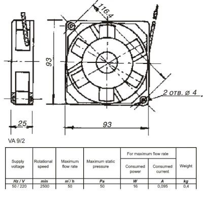 Αξονικός ανεμιστήρας πολυαμιδίου 90x90mm VA 9/2 16W 60 m³/h 220V για υψηλές θερμοκρασίες Αξονικός ανεμιστήρας πολυαμιδίου 90x90mm VA 9/2 16W 60 m³/h 220V για υψηλές θερμοκρασίες