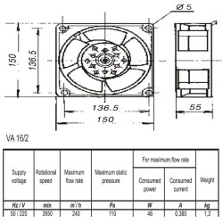 Αξονικός ανεμιστήρας πολυαμιδίου 150x150mm VA 16/2 46W 240m³/h για υψηλές θερμοκρασίες
